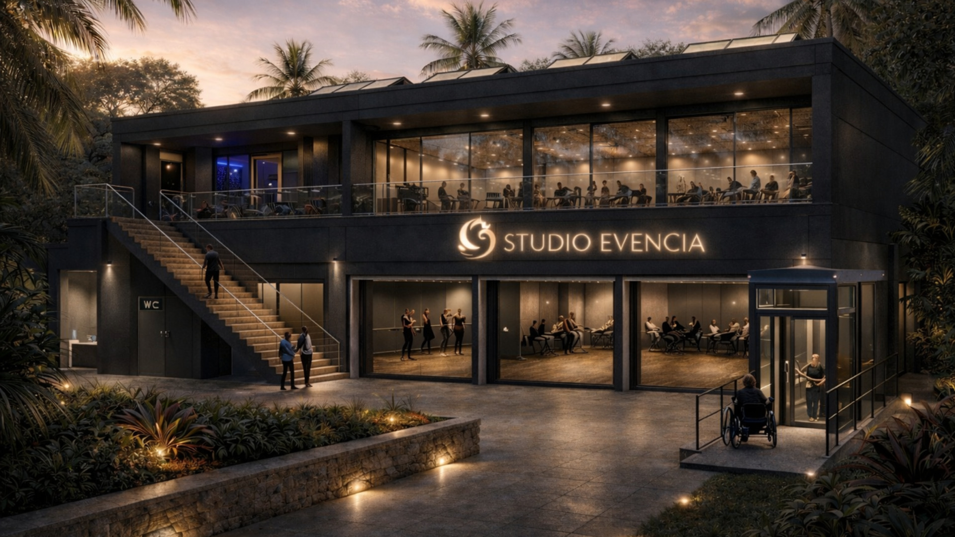 Vision architecturale — Vue extérieure bâtiment Studio Evencia avec escalier et ascenseur PMR