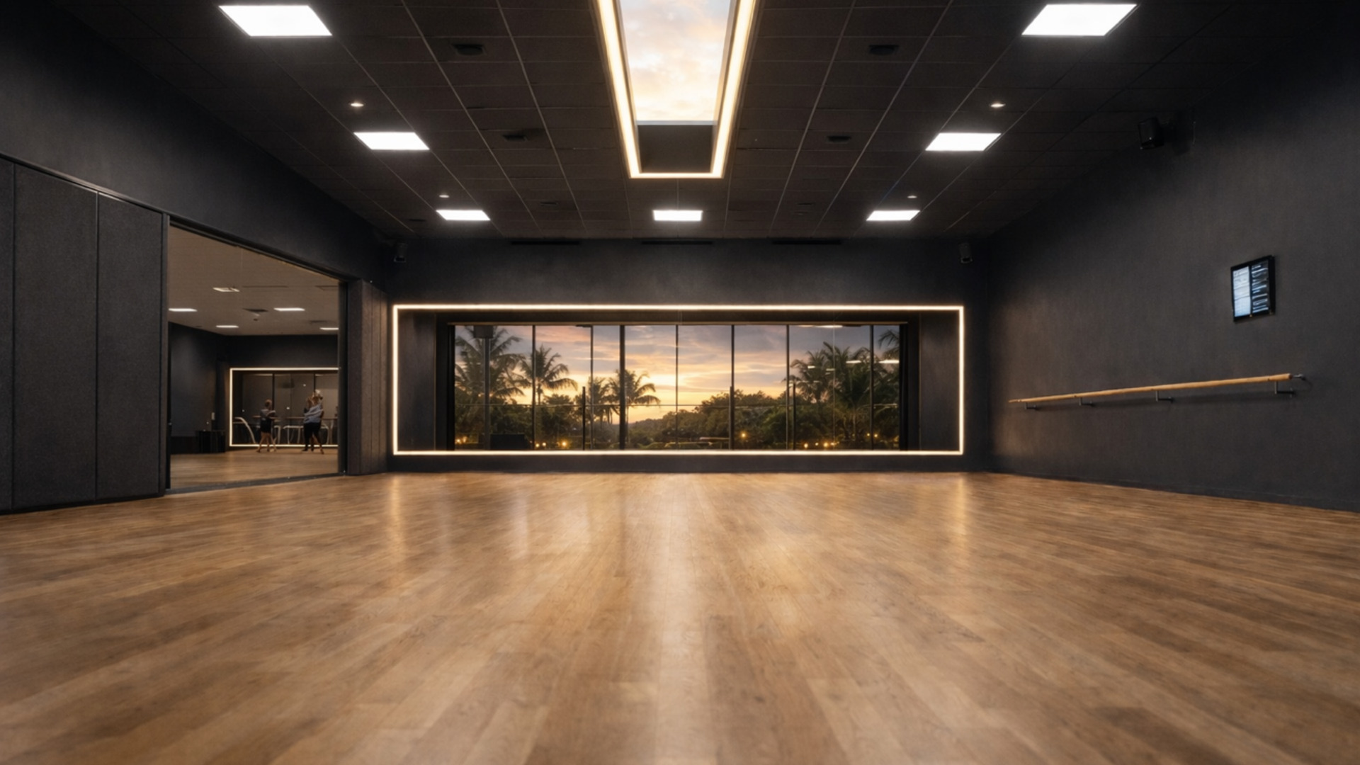 Vision architecturale — Salle de danse premium avec puits de lumière et cloisons mobiles